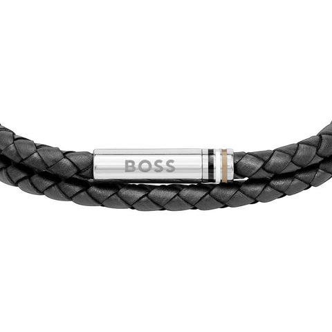 Boss Jewellery Mens Black Leather Bracelet 1580489M