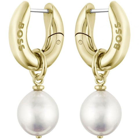 Boss Jewellery Ladies Gold Plated Pearl Hoop Earrings 1580525