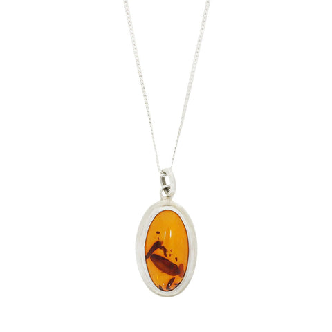 Amber Sterling Silver Oval Pendant & Chain