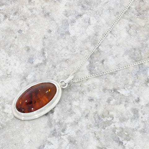 Amber Sterling Silver Oval Pendant & Chain
