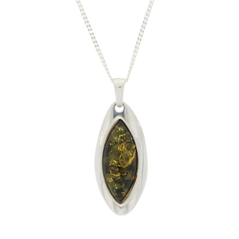 Green Amber Sterling Silver Marquise Pendant and Chain | H&H