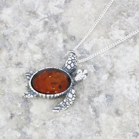 Amber Sterling Silver Turtle Pendant and Chain