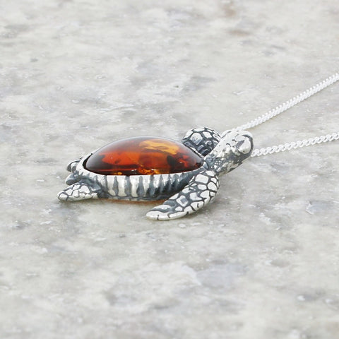 Amber Sterling Silver Turtle Pendant and Chain