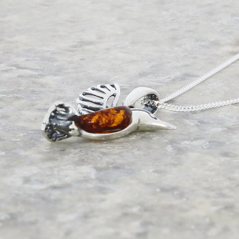 Amber Sterling Silver Hummingbird Pendant and Chain