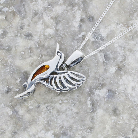 Amber Sterling Silver Hummingbird Pendant and Chain