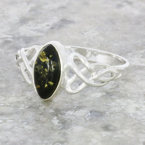 Green Amber Sterling Silver Celtic Ring