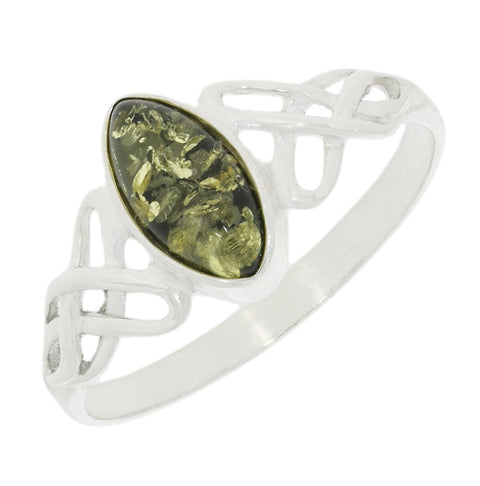 Green Amber Sterling Silver Celtic Ring