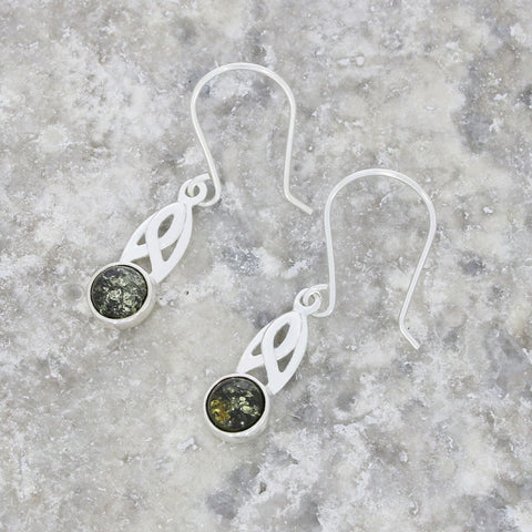 Small Green Amber Sterling Silver Celtic Drop Earrings