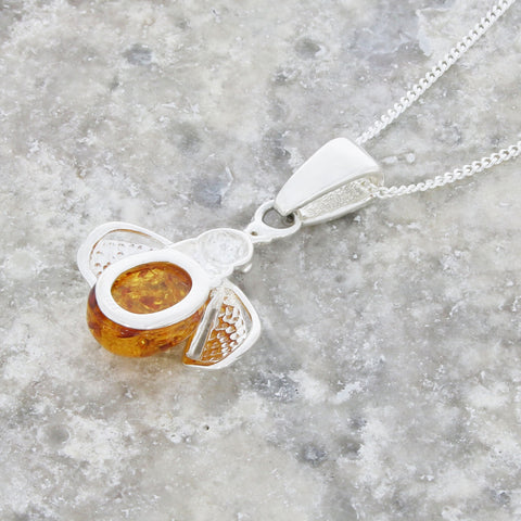 Amber Sterling Silver Bee Pendant and Chain