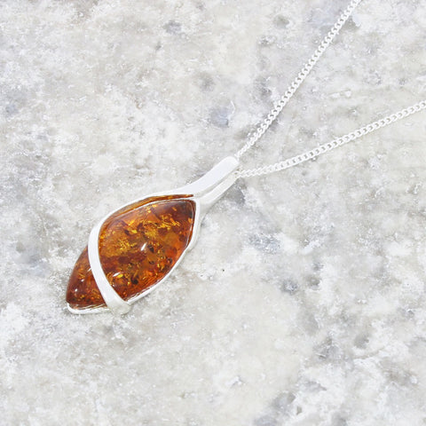 Amber Sterling Silver Marquise Pendant & Chain