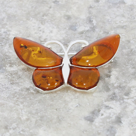 Amber Sterling Silver Butterfly Brooch