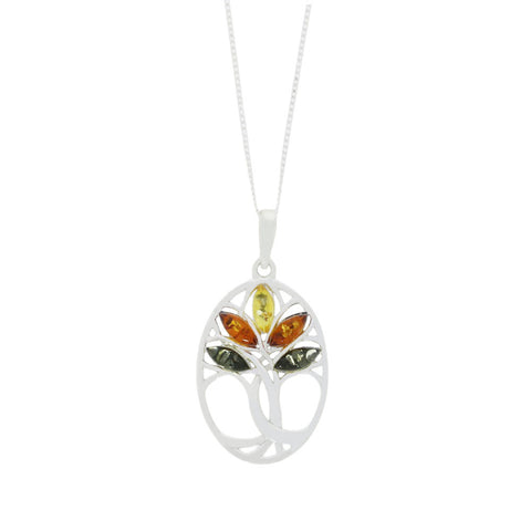 Amber Sterling Silver Tree of Life Pendant & Chain