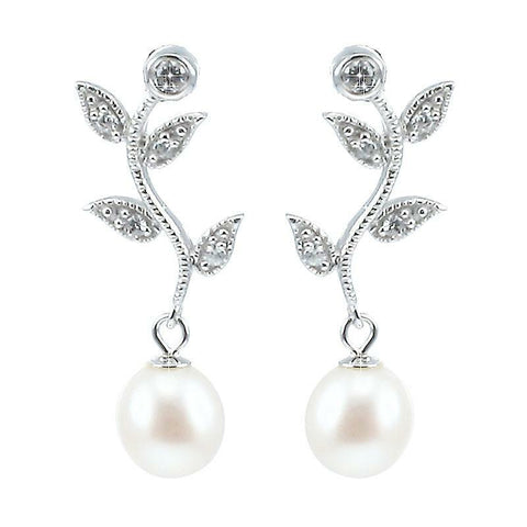 Lido Pearls White Freshwater Pearl and Cubic Zirconia Leaf Drop Earrings C22EW