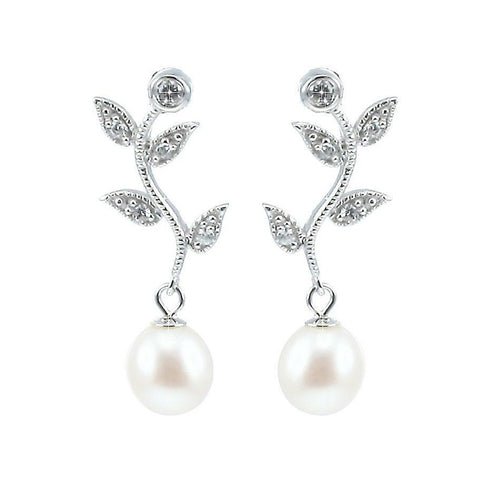 Lido Pearls White Freshwater Pearl and Cubic Zirconia Leaf Drop Earrings C22EW