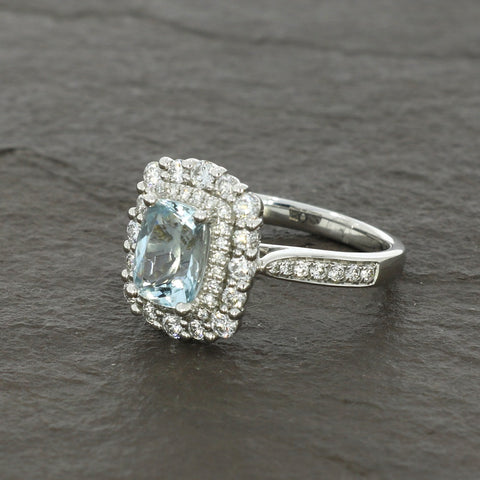 Platinum Aquamarine And 0.75cts Diamond Cluster Ring | H&H