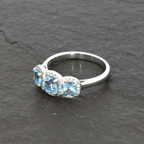 9ct White Gold Aquamarine And Diamond Trilogy Cluster Ring | H&H