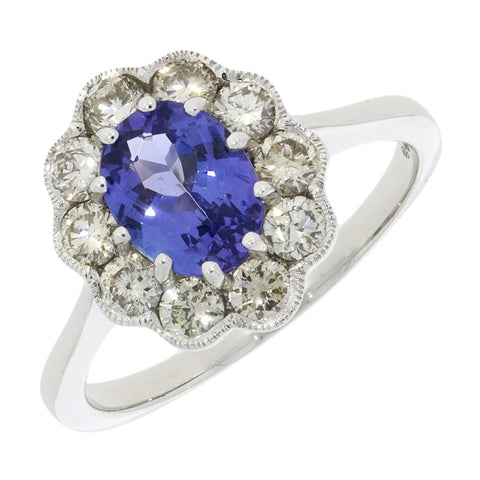 9ct White Gold 1.29cts Tanzanite and 0.80cts Diamond Cluster Ring | H&H