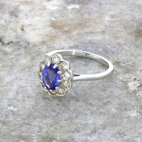 9ct White Gold 1.29cts Tanzanite and 0.80cts Diamond Cluster Ring | H&H