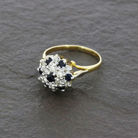 Pre Owned 9ct Yellow Gold Sapphire and 0.45cts Diamond Cluster Ring