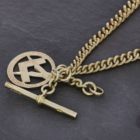 9ct Old Rose Gold Curb Albert Chain With T-Bar and Masonic Pendant | H&H