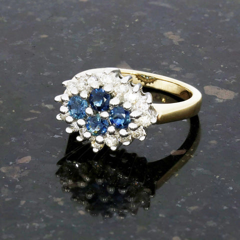Pre Owned 9ct Yellow Gold Sapphire And 0.48cts Diamond Cluster Ring
