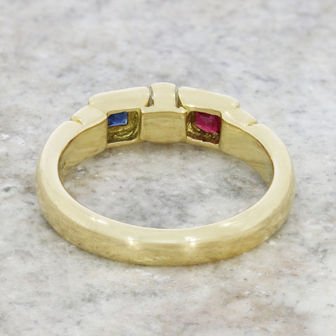 Pre Owned Ladies 18ct Yellow Gold Boodles Sapphire Ruby and Diamond Trilogy Ring