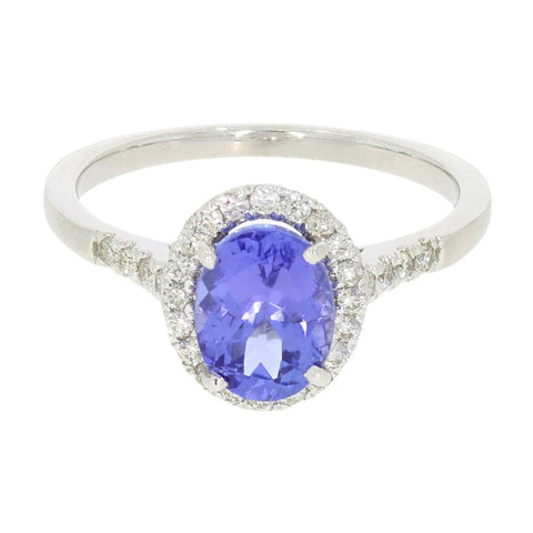 9ct White Gold Oval Tanzanite and 0.20cts Diamond Halo Cluster Ring | H&H
