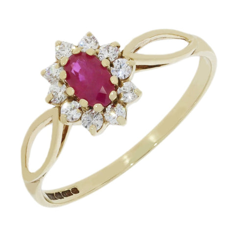 Pre Owned 9ct Yellow Gold Ruby and Cubic Zirconia Cluster Ring