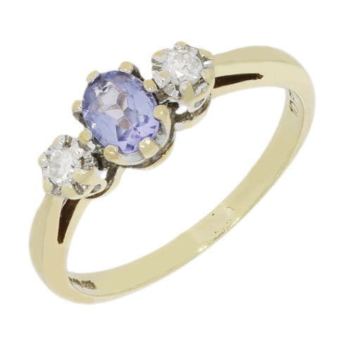 Pre Owned 9ct Yellow Gold Iolite and Diamond Trilogy Ring