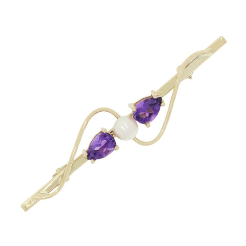 Pre Owned 9ct Yellow Gold Amethyst And Freshwater Pearl Bar Brooch