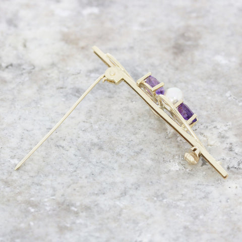 Pre Owned 9ct Yellow Gold Amethyst And Freshwater Pearl Bar Brooch