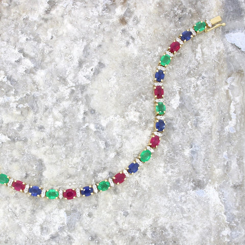 18ct Yellow Gold Ruby Emerald Sapphire and Diamond Line Tennis Bracelet
