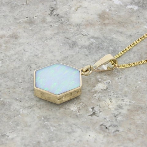 Derbyshire Blue John and Opalique 9ct Yellow Gold Hexaganol Reversible Pendant Necklace