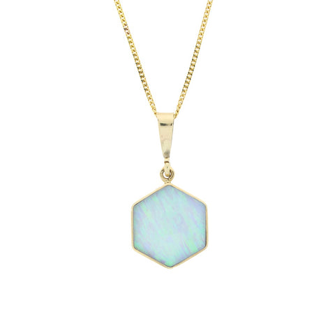 Derbyshire Blue John and Opalique 9ct Yellow Gold Hexaganol Reversible Pendant Necklace