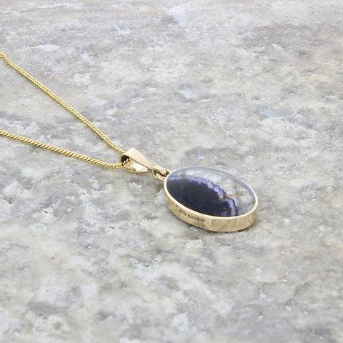 Derbyshire Blue John and Jet 9ct Yellow Gold Oval Reversible Pendant Necklace