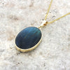 Derbyshire Blue John and Labradorite 9ct Yellow Gold Large Oval Pendant Necklace