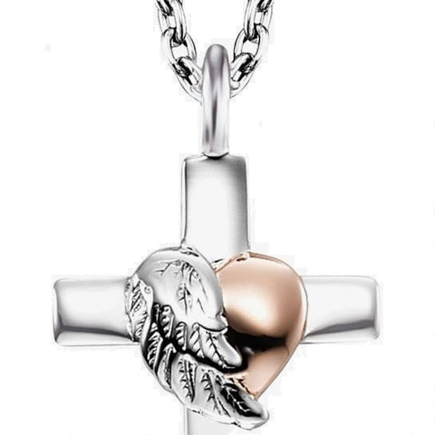 Angel Whisperer Silver Cross Heart Wing Necklace ERN-CROSSHEART-BIR