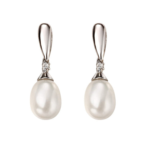 9ct White Gold Freshwater Pearl and Diamond Earrings GE2075W