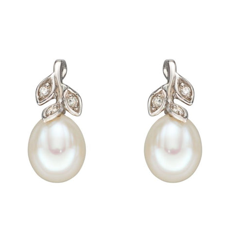 9ct White Gold Freshwater Pearl and Diamond Earrings GE2342W