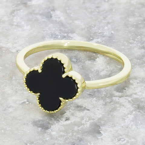 Four Leaf Clover Sterling Silver Ring Gold Tone Black Stone GVL038
