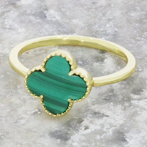 Four Leaf Clover Sterling Silver Ring Gold Tone Green Stone GVL039