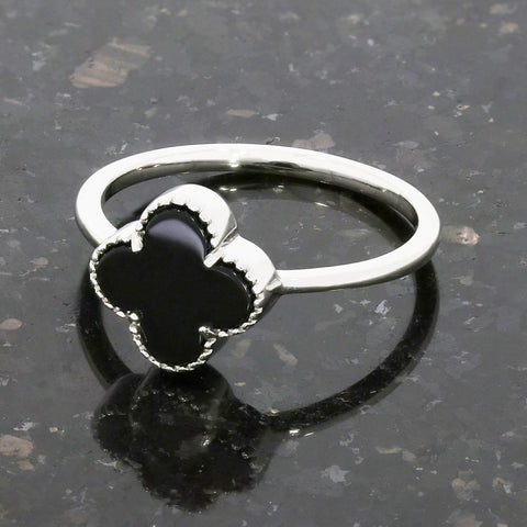 Four Leaf Clover Sterling Silver Ring Black Stone GVL041