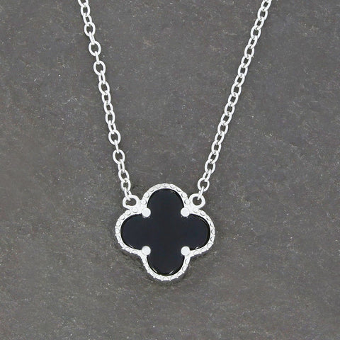 Four Leaf Clover Sterling Silver Black Stone Necklace GVL054