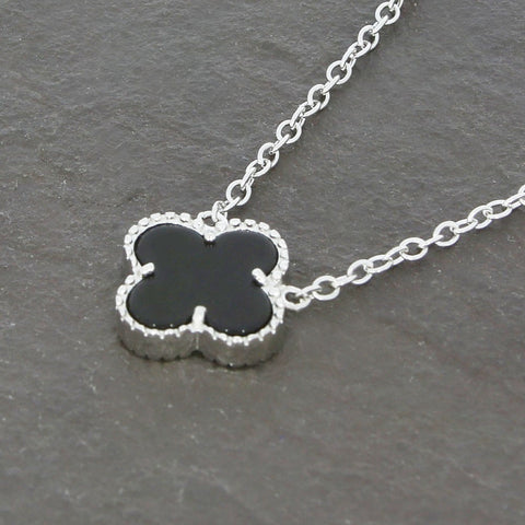 Four Leaf Clover Sterling Silver Black Stone Necklace GVL054