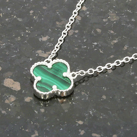 Four Leaf Clover Green Stone Sterling Silver Necklace GVL056