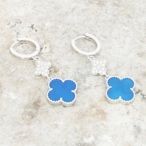 Four Leaf Clover Blue Stone Huggie Earrings GVL057
