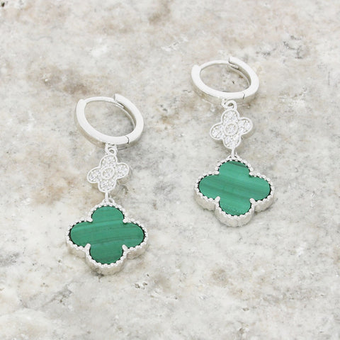 Four Leaf Clover Green Stone Huggie Earrings GVL058