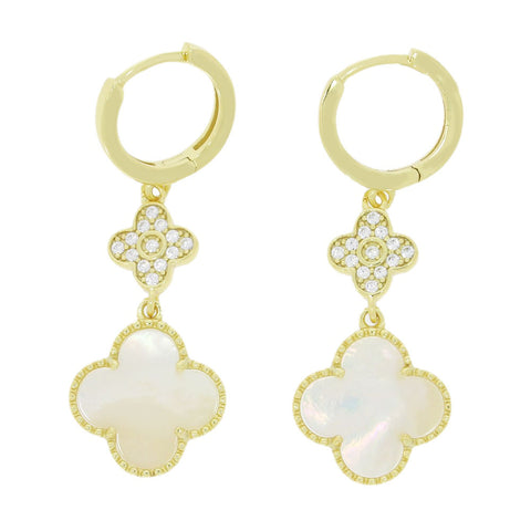 Four Leaf Clover Gold Plated Mother of Pearl Huggie Earrings GVL059