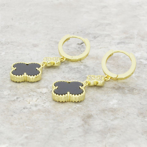 Four Leaf Clover Gold Plated Black Stone Huggie Earrings GVL060
