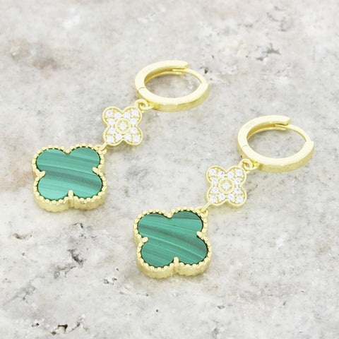 Four Leaf Clover Gold Plated Green Stone Huggie Earrings GVL067